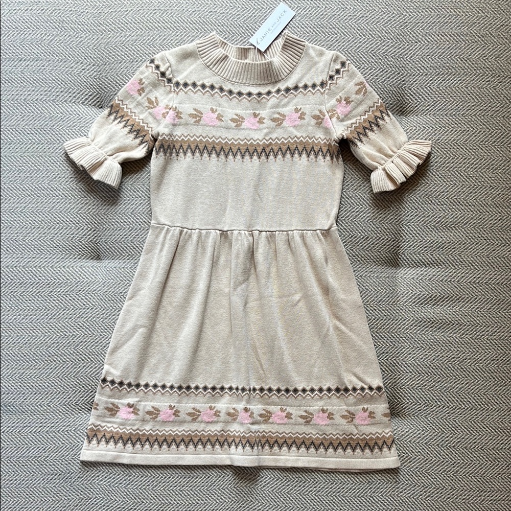 NWT Janie and Jack Girls Cream and Pink Knit Dress, size 8